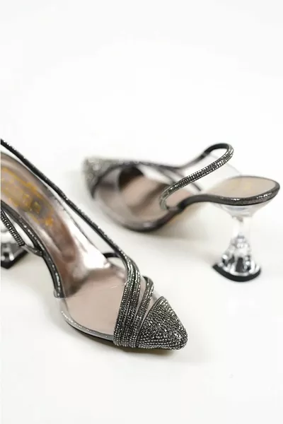 شاه المرأة البلاتينية حجر شفاف أنيق سندريلا ستون التفاصيل فتح الظهر أحذية السهرة