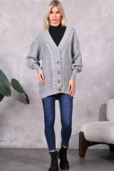Cardigan en maille femme 5 boutons cheveux tressé gris (CM)