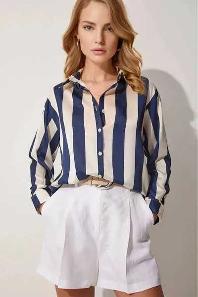 Chemise Femme Femme Bleu Marine Rayé Rayé Crème 