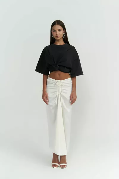 Nario Shirred Midi Length White Skirt