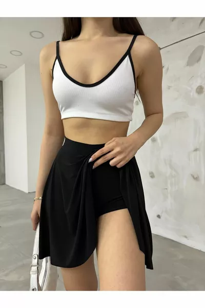 Women's Black Elasticated Waist Flounced Flared Shorts Skirt