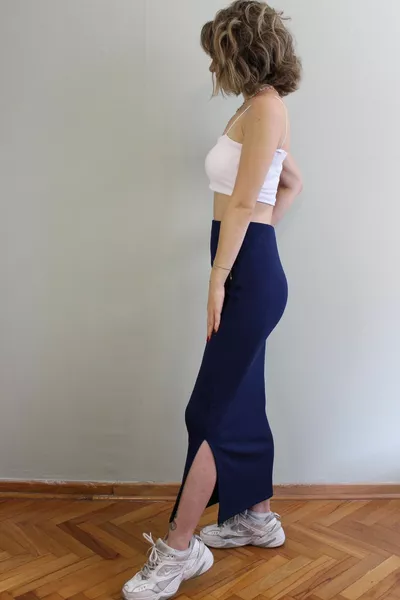 Marineblauwe potloodrok met lange split voor dames