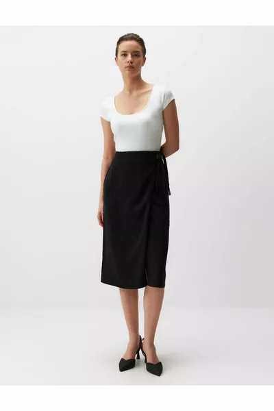 Zwarte Regular Waist Split Midi linnen rok