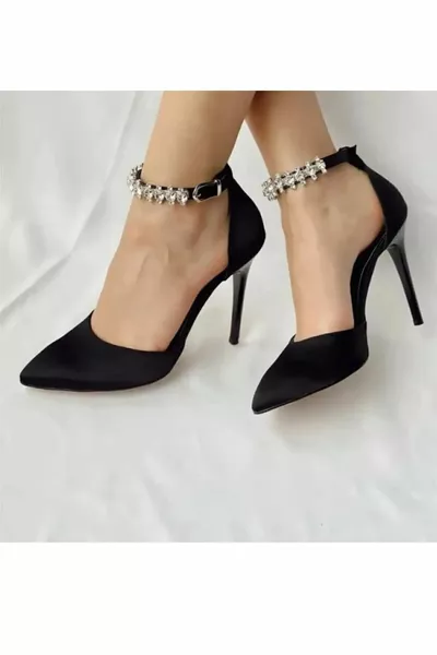 Schwarze Damen-Satin-Heels mit Knöchelsteinen