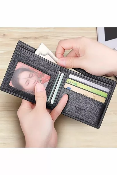 جلد طبيعي حامل بطاقة سوداء ومحفظة رجالية