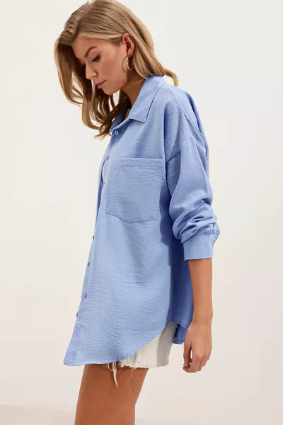  Single Pocket Oversize Leinenhemd - Blau