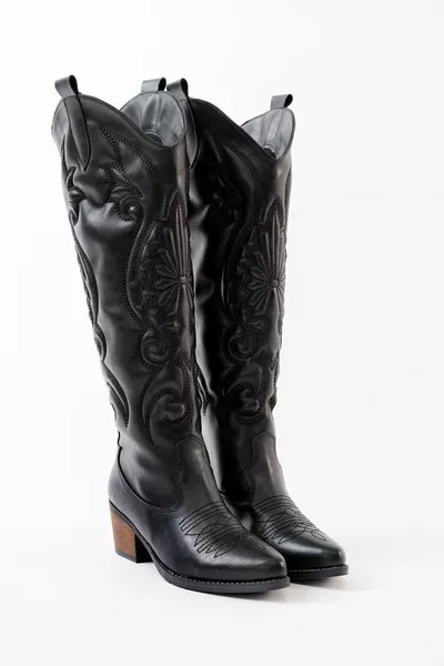 Black Leather Embroidered Medieval Cowboy Tall boots