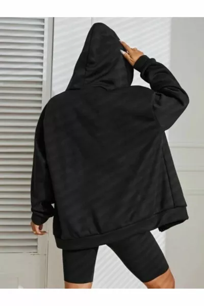 Sweat-shirt noir en tissu tricoté à capuche avec fermeture éclair en tissu tricoté