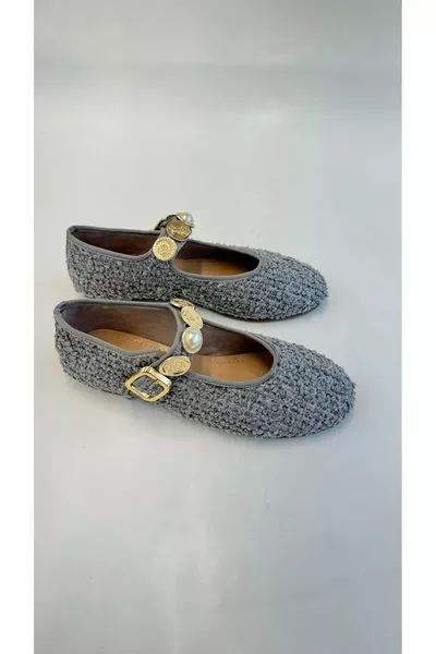 Ballerines pour femmes en tweed gris à boucle dorée