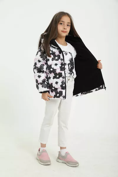 الفتيات الأبيض الأرجواني نمط الأزهار داخل المياه الصوف و يندبروف مقنعين جيب نفخ معطف الشتاء