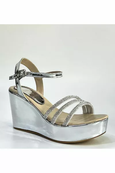 Bulutmod  فساتين سهرة نسائية فضية بثلاثة أحجار بكعب مبطن كاجوال - فضي - 