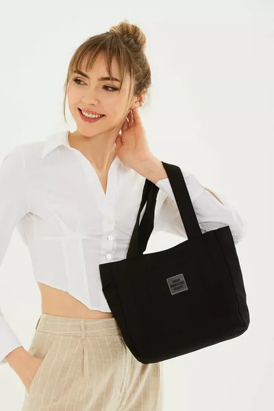 Zwarte Drukknoopsluiting 2 Compartimenten Voorzak Gedetailleerd Canvas Stof Casual Vrouwen Mouw En Schoudertas U