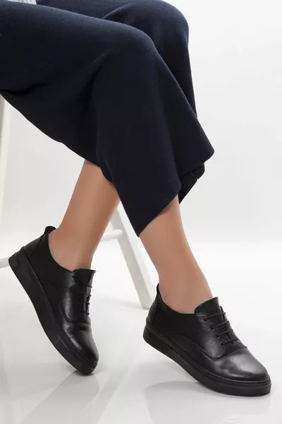 Genuine Leather Black Black Women Leather Sneaker 