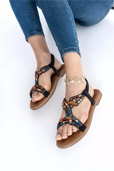 Feles Flat Sole Star Bead Detailed Damen Sandalen SCHWARZ
