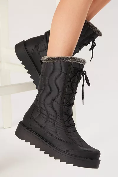 Zwarte Casual Fit Bont Snowboots met veters aan de voorkant voor dames