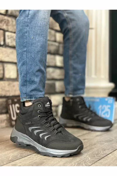  Thick Thermo Sole Black Grey Men's Trekking Outdoor Half Ankle Boots