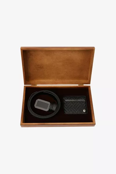 Ceinture boîte cadeau en bois personnalisée noire pour hommes - Ensemble d’accessoires pour porte-cartes Bundle du marié