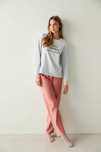 Grey Slogan Printed Thermal Long Sleeve T-Shirt Pajama Top