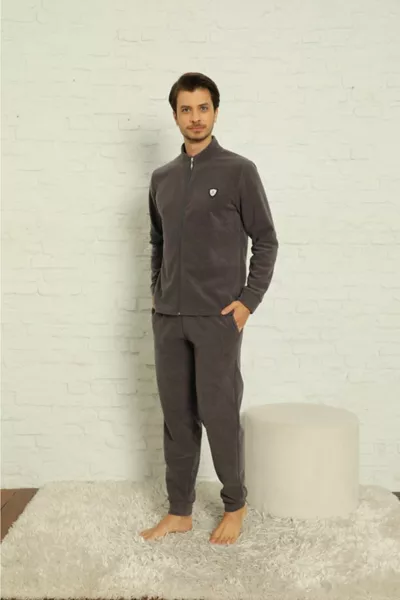 Men's Smoked Winter Fleece Pajama Set with Front Zipper
