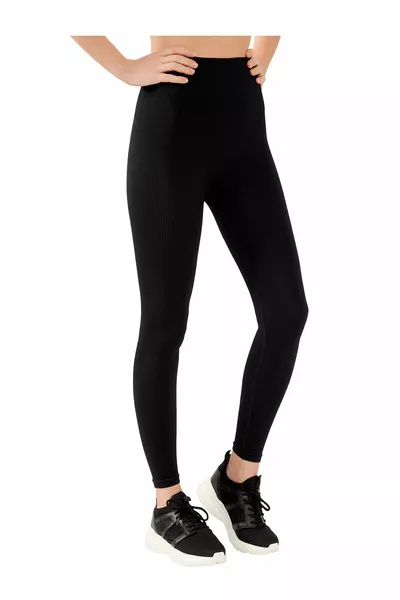 Zwarte hoge taille naadloze geribbelde liftende sportlegging voor dames