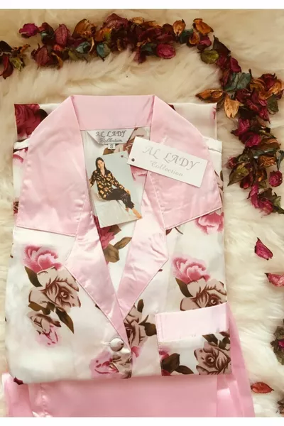 الأزهار قميص طوق الساتان المرأة بيجاما مجموعة 