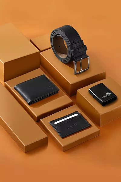 حزام محفظة بطاقة حامل البنزين ولاعة الأسود مجموعة في علبة هدية