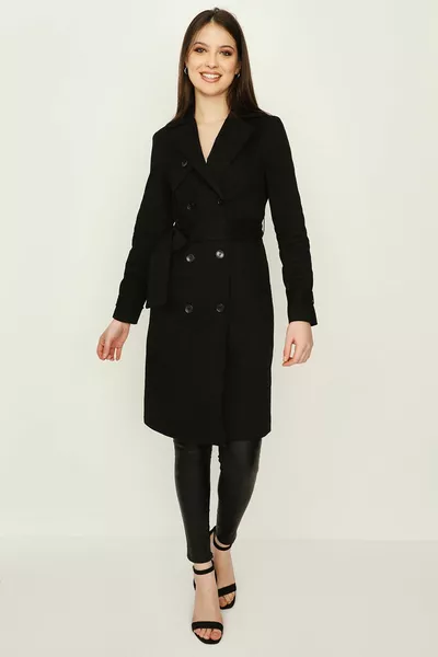 Trench lungo con cintura nera da donna con bottoni frontali