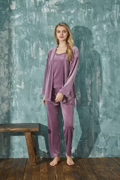 Women's French Velvet Lilac Pajama Set of 3 with Dressing Gown Dowry Set