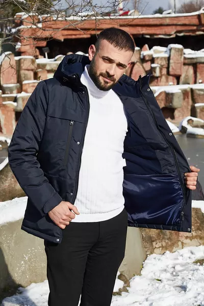 الرجال الأزرق الداكن الصوف الفراء للماء و يندبروف مقنعين معطف الشتاء ومعطف و سترة