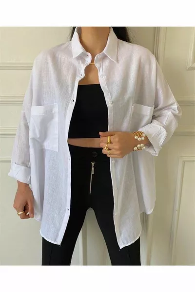 قميص كتان رث نسائي كبير الحجم 