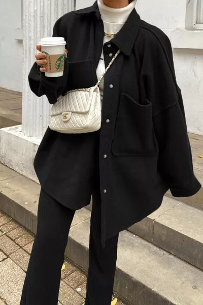 جنون بنات أسود فوق حجم قميص جاكيت 