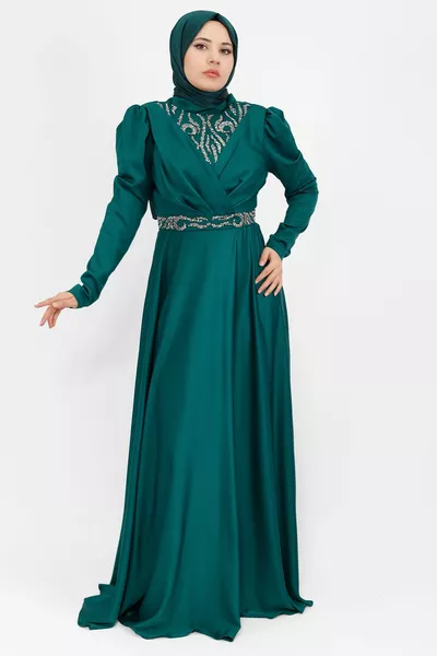 Двуреден яка поглед камък отпечатани сатен плат хиджаб вечерна рокля