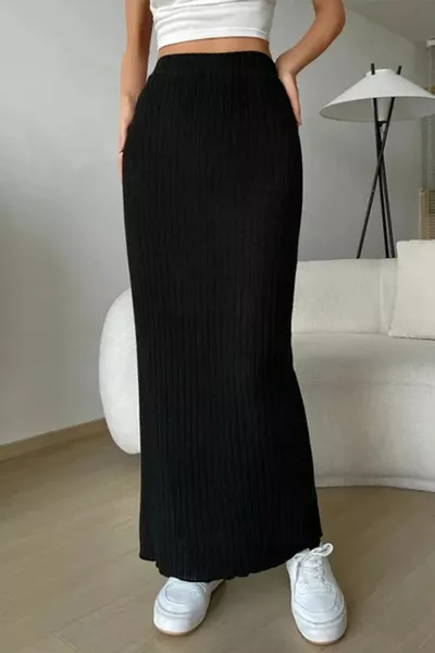 Damen Sommer Stoff Dicker gerippter Strick Strick Rock mit geradem Schlitz