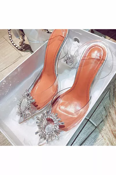 Дамска принцеса сребърна гола кафява бяла прозрачна токчета Обувки със заострени пръсти на камък