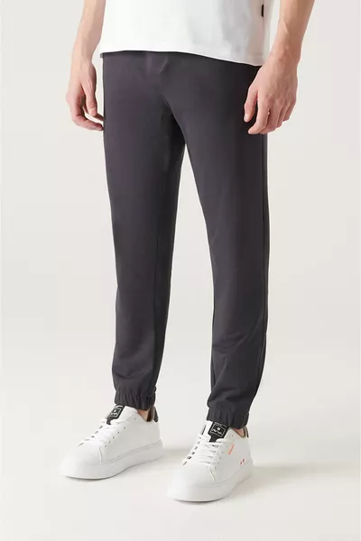 Anthrazitfarbene Herren-Schnürung mit Taille Seitentaschen Elastisches Bein 2-Faden-Jogginghose aus Baumwolle 