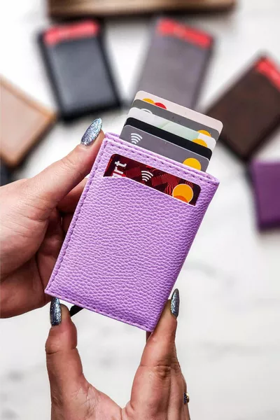 فو الجلود الرجال آلية نباتي الجلود حامل بطاقة محفظة محفظة أرجواني