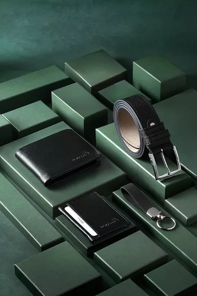 حزام محفظة بطاقة حامل سلسلة المفاتيح هدية مزيج مجموعة سوداء