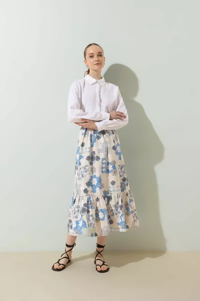 Linen Blend Floral Maxi Skirt hs