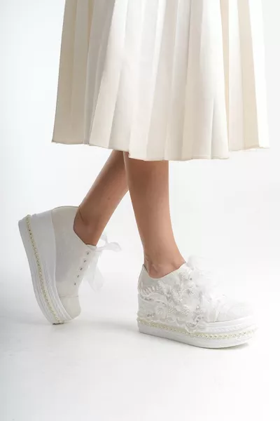 نسائي عرق اللؤلؤ الدانتيل متابعة جبر الزفاف أحذية الزفاف