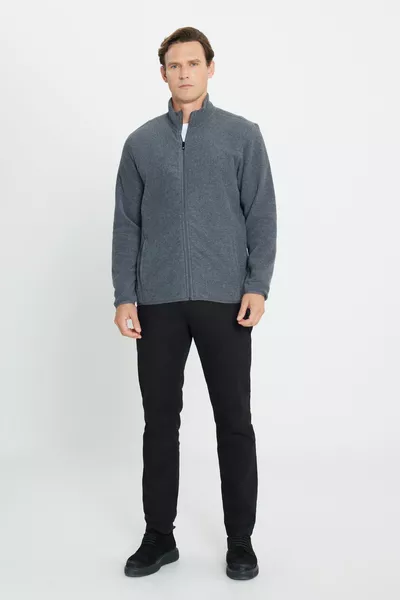 Men's Anthracite-melange Anti-pilling Non-Feathering Standard Fit Stand-Up Collar Sweatshirt Fleece Jacket