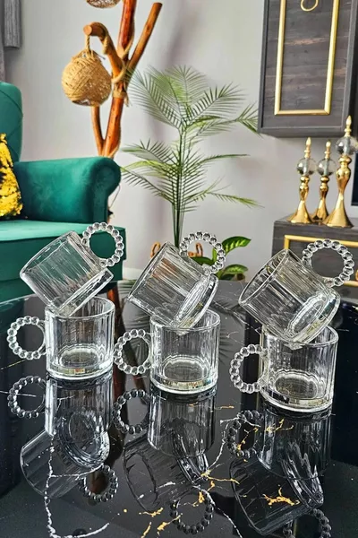 6 Pcs Glass Bead Handle Cup Mug Tea Coffee Soft Drink Cup ml