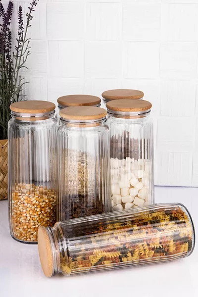 Set van 6 Glazen Potten Groot Formaat Proviand Peulvruchten Set met Vacuüm Deksel  ml