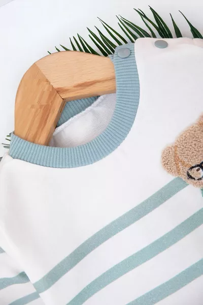 Baby Boy Seasonal Set Teddy Bear Embroidered Long Sleeve Crew Neck Striped Faux Shirt Set