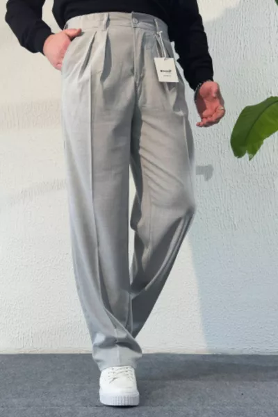 Pantalon Gris Clair Baggy à Double Plis Coupe Confortable Nouvelle Saison