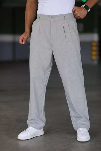 بنطال باجي رمادي اللون مزدوج الطيات، خصر مطاطي، عالي الجودة، مريح، قصّة كلاسيكية واسعة الساق