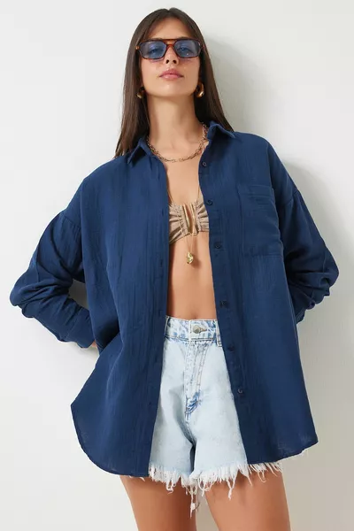 Oversize Basic Muslin Shirt Navy Blue 