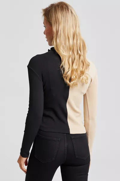 Damen Vanille-Schwarz Farbblock Rippstrickbluse 