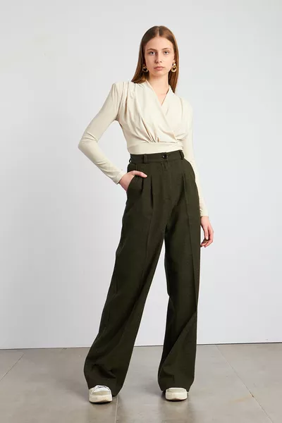 Haki Kaşe Kumaş Pileli Palazzo Pantolon