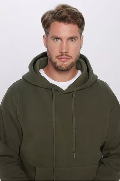 سويت شيرت بغطاء رأس أساسي باللون الأخضر، واسع الحجم للجنسين، من القطن بنسيج ناعم وطبقة داخلية مبطنة بالفرو