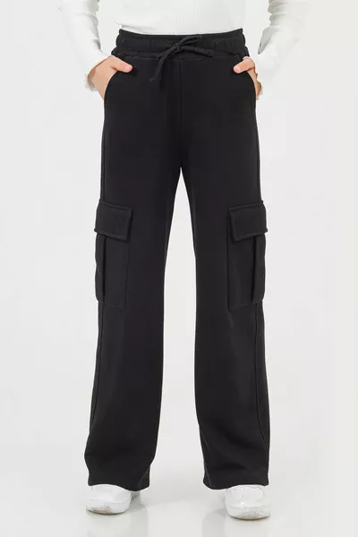 Elastic Waist Wide Leg Comfortable Fit Cargo Pocket Girls' School Sweatpants